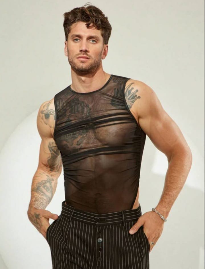Men's Mesh Sheer Round Neck Sleeveless Bodysuit